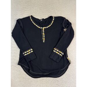 We The Free Henley Shirt Womens Medium‎ Black Long Sleeve Waffle Knit Boho Trim